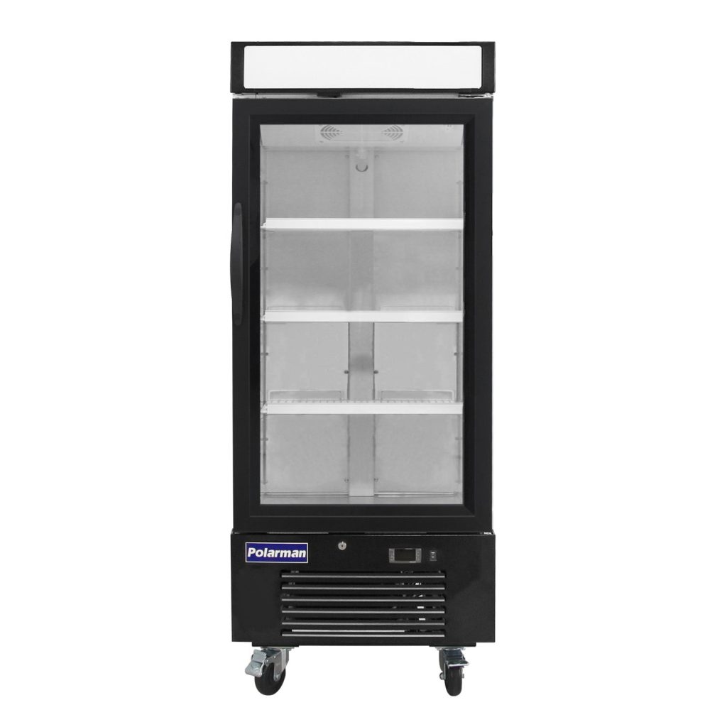 Polarman PLM-HGD12F 25″ Black Single Swing Glass Door Merchandiser Freezer with LED Lighting, 12 cu.ft