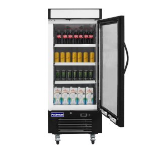 Polarman PLM-HGD12F 25″ Black Single Swing Glass Door Merchandiser Freezer with LED Lighting, 12 cu.ft