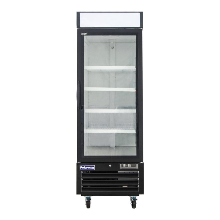 Polarman PLM-HGD23F 26 3/4″ Black Single Swing Glass Door Merchandiser Freezer with LED Lighting, 23 cu.ft