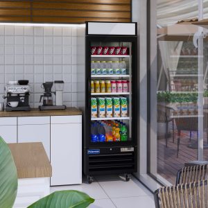 Polarman PLM-HGD23F 26 3/4″ Black Single Swing Glass Door Merchandiser Freezer with LED Lighting, 23 cu.ft