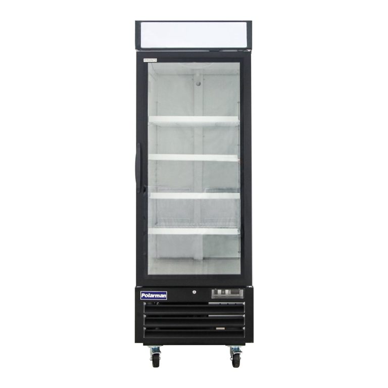 Polarman PLM-HGD23R 26 3/4″ Black Refrigerated Single Swing Glass Door Merchandiser with LED Lighting, 23 cu.ft