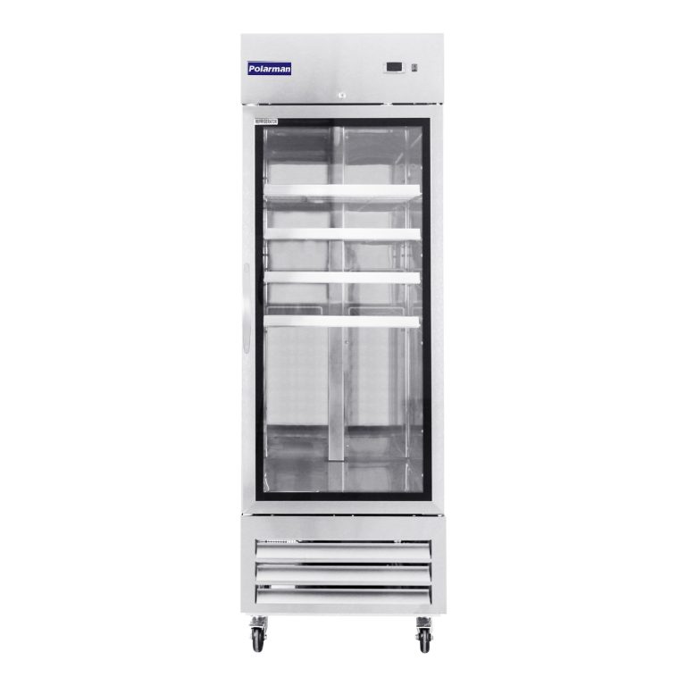 Polarman PLM-27RGS 26 3/4″ Reach-In Refrigerator with Single Glass Door with LED Lighting, Bottom Mount, Stainless Steel, 23 cu. ft.