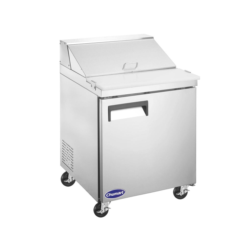 Chumart CMT-S29 27 1/2″ Stainless Steel Sandwich/Salad Prep Table with One Solid Full Door