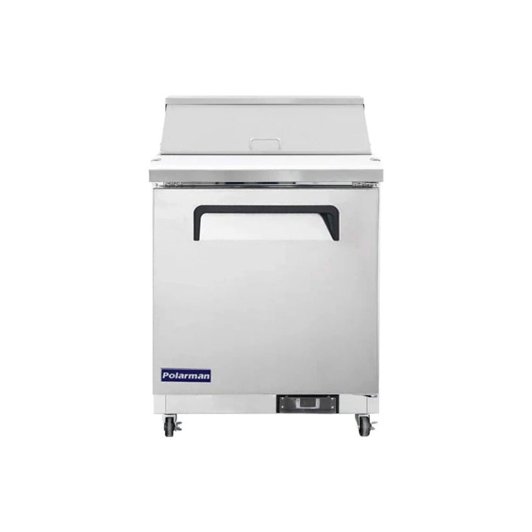 Polarman PLM-S29S 28 15/16″ Stainless Steel Sandwich/Salad Prep Table with One Solid Full Door, (8) 1/6 Size Pans