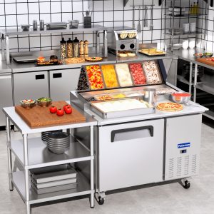 Polarman PLM-P44S 47 3/8″ Refrigerated Pizza Prep Table with One Solid Full Door, (6) 1/3 Size Pans