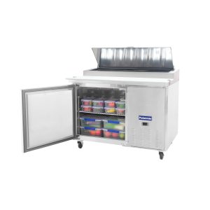 Polarman PLM-P44S 47 3/8″ Refrigerated Pizza Prep Table with One Solid Full Door, (6) 1/3 Size Pans