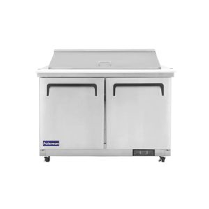 Polarman PLM-S48KS 48 1/4″ Stainless Steel Mega Top Sandwich/Salad Prep Table with Two Solid Full Doors, (18) 1/6 Size Pans
