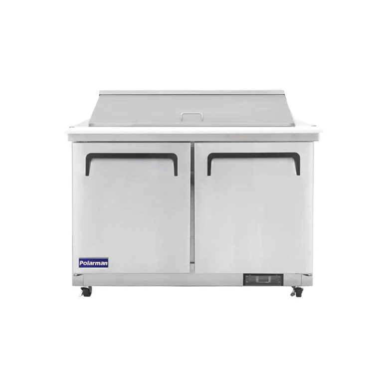 Polarman PLM-S48KS 48 1/4″ Stainless Steel Mega Top Sandwich/Salad Prep Table with Two Solid Full Doors, (18) 1/6 Size Pans