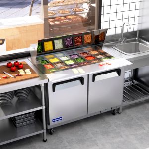 Polarman PLM-S48KS 48 1/4″ Stainless Steel Mega Top Sandwich/Salad Prep Table with Two Solid Full Doors, (18) 1/6 Size Pans