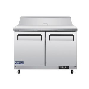 Polarman PLM-S48S 48 1/4″ Stainless Steel Sandwich/Salad Prep Table with Two Solid Full Doors, (12) 1/6 Size Pans