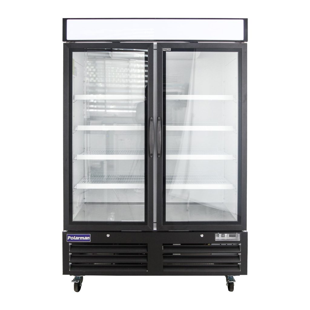 Polarman PLM-HGD48F 53 15/16″ Black Double Swing Glass Door Merchandiser Freezer with LED Lighting, 48 cu.ft