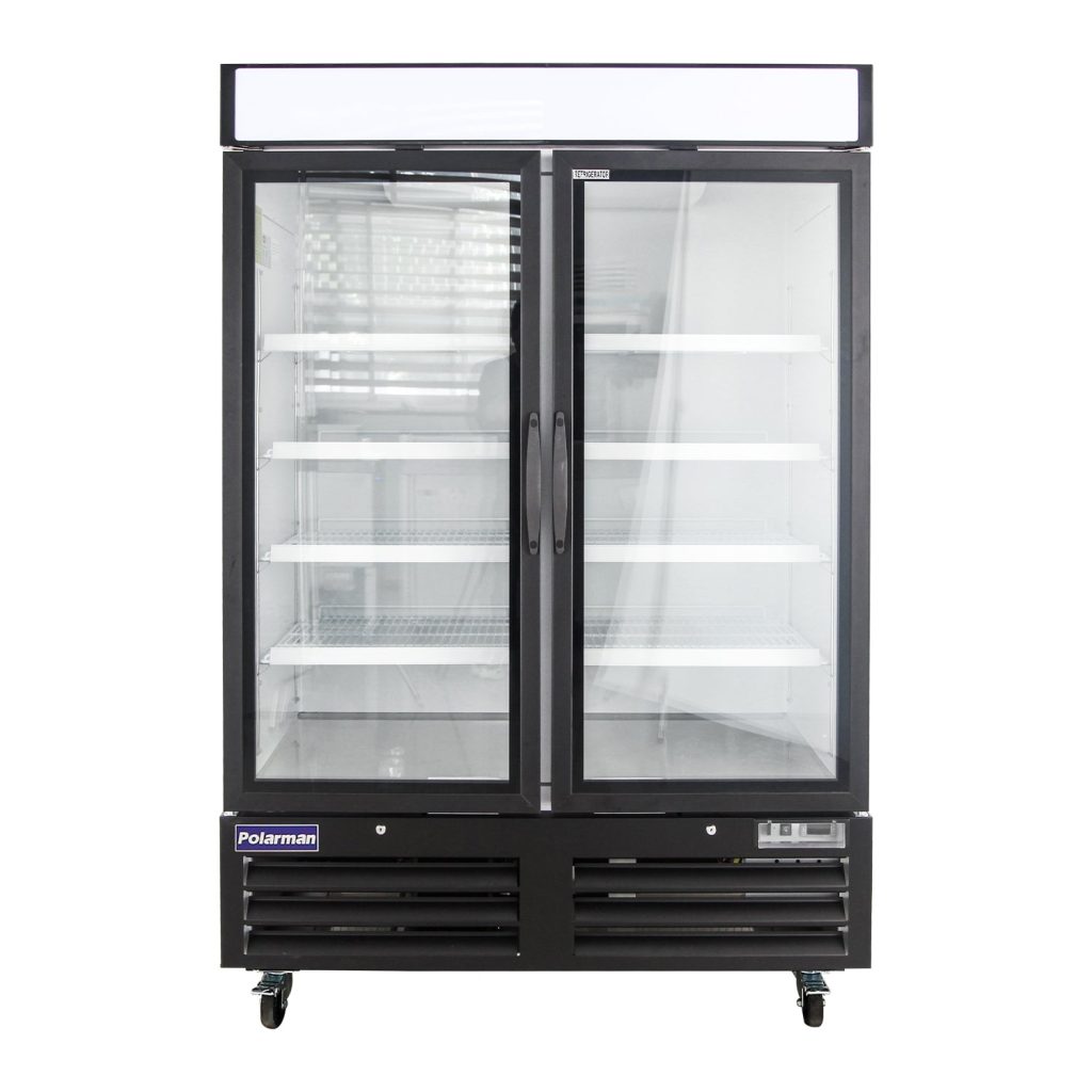 Polarman PLM-HGD48R 53 15/16″ Black Refrigerated Double Swing Glass Door Merchandiser with LED Lighting, 48 cu.ft