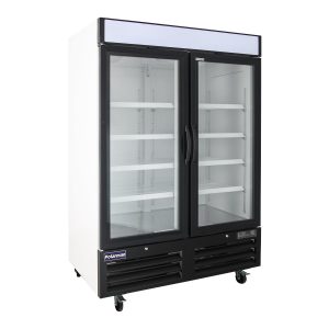 Polarman PLM-HGD48R 53 15/16″ Black Refrigerated Double Swing Glass Door Merchandiser with LED Lighting, 48 cu.ft