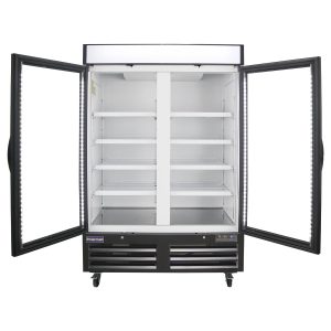 Polarman PLM-HGD48R 53 15/16″ Black Refrigerated Double Swing Glass Door Merchandiser with LED Lighting, 48 cu.ft