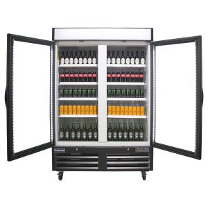 Polarman PLM-HGD48R 53 15/16″ Black Refrigerated Double Swing Glass Door Merchandiser with LED Lighting, 48 cu.ft