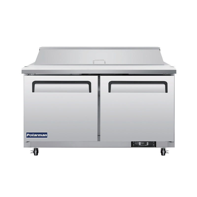Polarman PLM-S60S 61 1/4″ Stainless Steel Sandwich/Salad Prep Table with Two Solid Full Doors, (16) 1/6 Size Pans