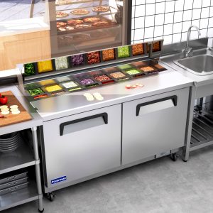 Polarman PLM-S60S 61 1/4″ Stainless Steel Sandwich/Salad Prep Table with Two Solid Full Doors, (16) 1/6 Size Pans