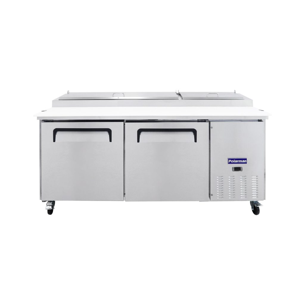 Polarman PLM-P67S 70 3/4″ Refrigerated Pizza Prep Table with Two Solid Full Doors, (9) 1/3 Size Pans