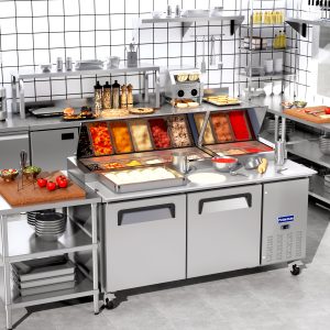 Polarman PLM-P67S 70 3/4″ Refrigerated Pizza Prep Table with Two Solid Full Doors, (9) 1/3 Size Pans