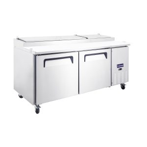 Polarman PLM-P67S 70 3/4″ Refrigerated Pizza Prep Table with Two Solid Full Doors, (9) 1/3 Size Pans