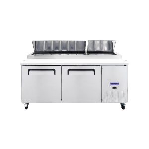 Polarman PLM-P67S 70 3/4″ Refrigerated Pizza Prep Table with Two Solid Full Doors, (9) 1/3 Size Pans