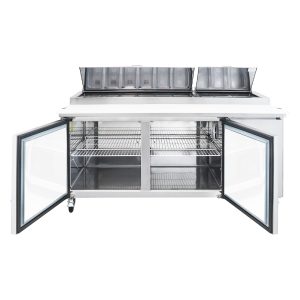 Polarman PLM-P67S 70 3/4″ Refrigerated Pizza Prep Table with Two Solid Full Doors, (9) 1/3 Size Pans