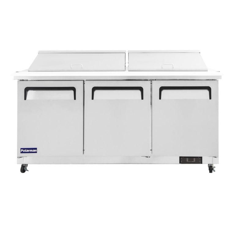Polarman PLM-S72KS 71 3/4″ Stainless Steel Mega Top Sandwich/Salad Prep Table with Three Solid Full Doors, (27) 1/6 Size Pans