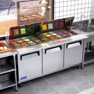 Polarman PLM-S72KS 71 3/4″ Stainless Steel Mega Top Sandwich/Salad Prep Table with Three Solid Full Doors, (27) 1/6 Size Pans