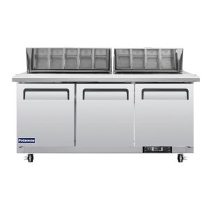 Polarman PLM-S72S 71 3/4″ Stainless Steel Sandwich/Salad Prep Table with Three Solid Full Doors, (18) 1/6 Size Pans