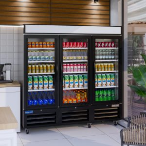 Polarman PLM-HGD72R 81″ Black Refrigerated Triple Swing Glass Door Merchandiser with LED Lighting, 72 cu.ft