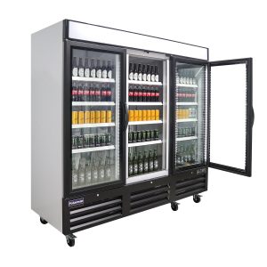 Polarman PLM-HGD72R 81″ Black Refrigerated Triple Swing Glass Door Merchandiser with LED Lighting, 72 cu.ft