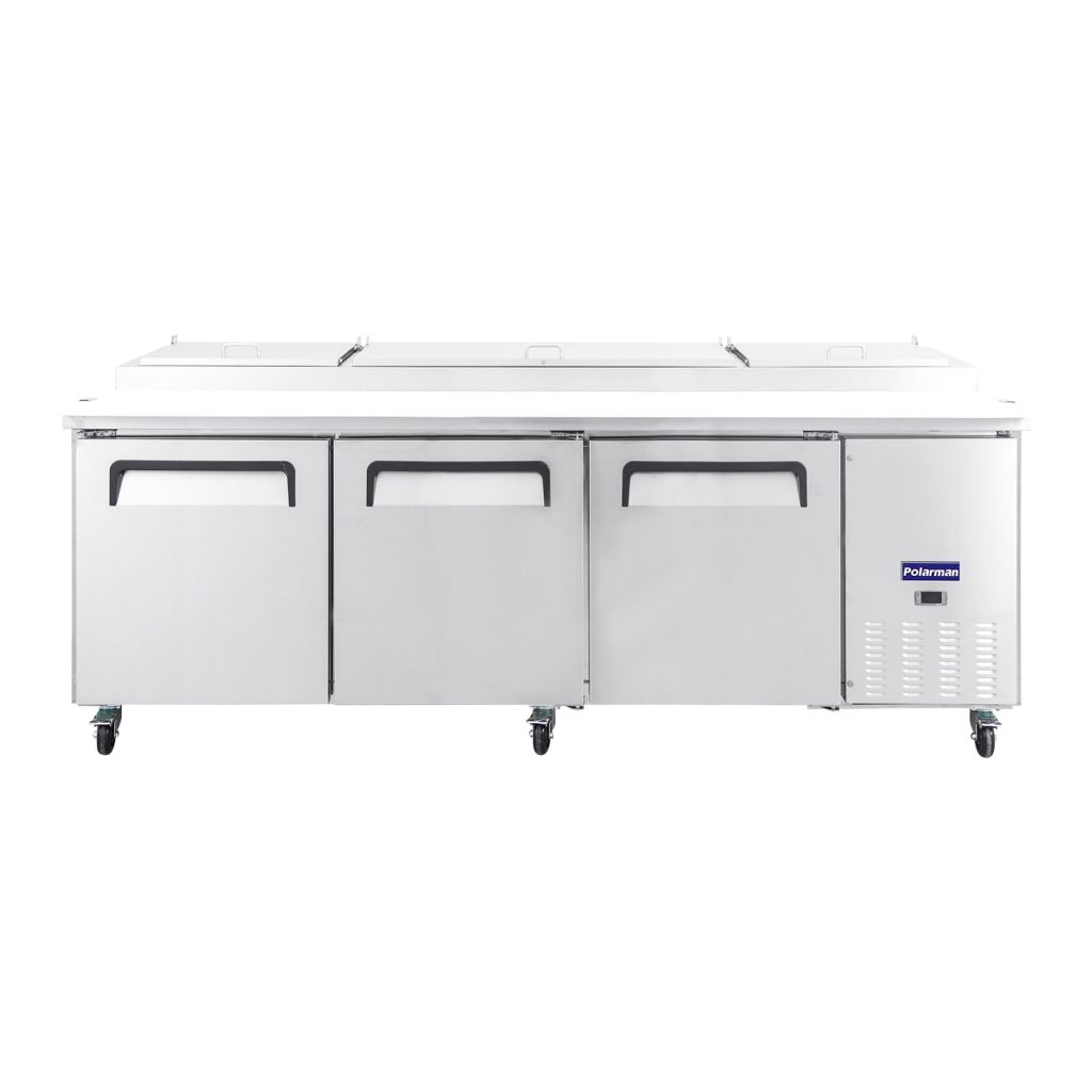 Polarman PLM-P93S 94 3/16″ Refrigerated Pizza Prep Table with Three Solid Full Doors, (12) 1/3 Size Pans