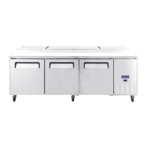Polarman PLM-P93S 94 3/16″ Refrigerated Pizza Prep Table with Three Solid Full Doors, (12) 1/3 Size Pans