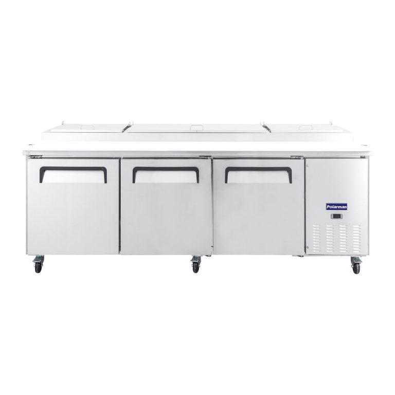 Polarman PLM-P93S 94 3/16" Refrigerador de Mesa de Preparación de Pizza con Tres Puertas Llenas Sólidas, (12) bandejas de 1/3 de tamaño