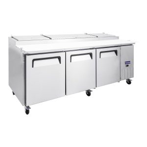 Polarman PLM-P93S 94 3/16″ Refrigerated Pizza Prep Table with Three Solid Full Doors, (12) 1/3 Size Pans