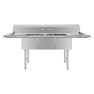 ChefAsst 103″ CA-S3C182414-24LR-316 16-Gauge Stainless Steel Three Compartment Commercial Sink with Stainless Steel Legs, Cross Bracing, and Two 24″ Drainboards – 18″ x 24″ x 14″ Bowl
