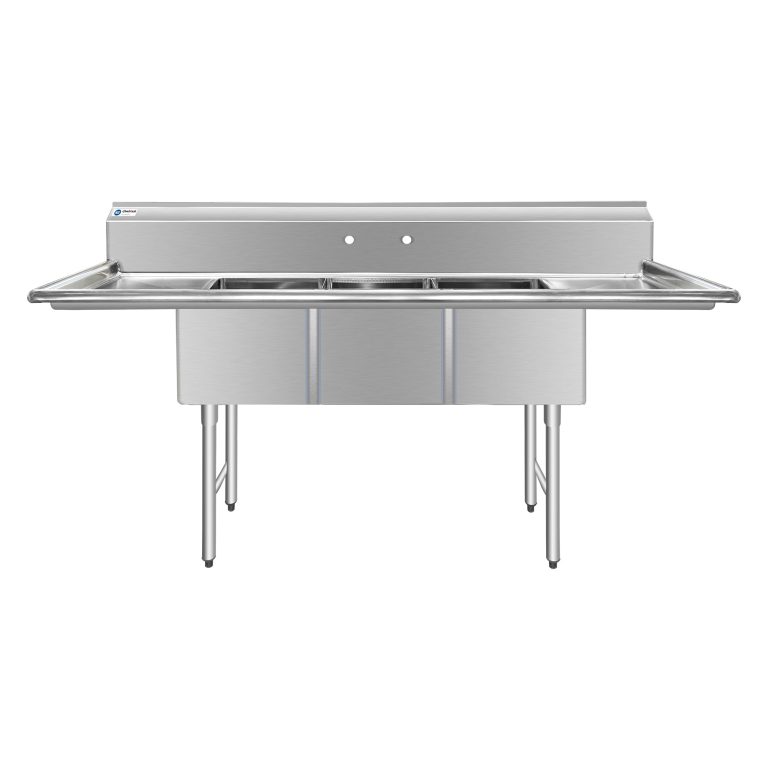 ChefAsst 103″ CA-S3C182414-24LR-316 16-Gauge Stainless Steel Three Compartment Commercial Sink with Stainless Steel Legs, Cross Bracing, and Two 24″ Drainboards – 18″ x 24″ x 14″ Bowl