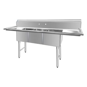 ChefAsst 103″ CA-S3C182414-24LR-316 16-Gauge Stainless Steel Three Compartment Commercial Sink with Stainless Steel Legs, Cross Bracing, and Two 24″ Drainboards – 18″ x 24″ x 14″ Bowl