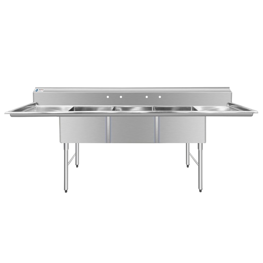 ChefAsst 121″ CA-S3C242414-24LR-316 16-Gauge Stainless Steel Three Compartment Commercial Sink with Stainless Steel Legs, and Two 24″ Drainboards – 24″ x 24″ x 14″ Bowl