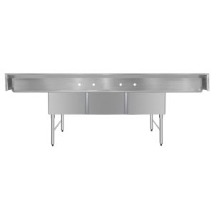 ChefAsst 121″ CA-S3C242414-24LR-316 16-Gauge Stainless Steel Three Compartment Commercial Sink with Stainless Steel Legs, and Two 24″ Drainboards – 24″ x 24″ x 14″ Bowl