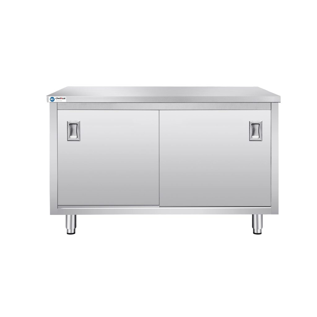 ChefAsst 30″ x 48″ CA-C-3048-316 16-Gauge Type 304 Stainless Steel Enclosed Base Table with Sliding Doors and Adjustable Midshelf
