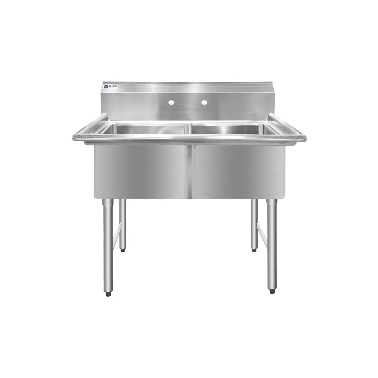 ChefAsst 42″ CA-S2C181812-316 16-Gauge Stainless Steel Two Compartment Commercial Sink with Stainless Steel Legs, Cross Bracing, and without Drainboards – 18″ x 18″ x 12″ Bowls
