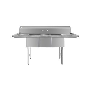 ChefAsst 54″ CA-S3C101410-12LR-316 16-Gauge Stainless Steel Three Compartment Commercial Sink with Stainless Steel Legs, and Two 12″ Drainboards – 10″ x 14″ x 10″ Bowl