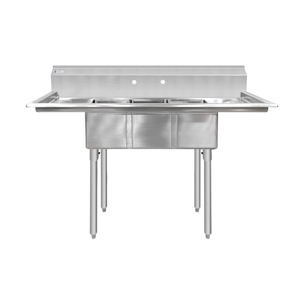ChefAsst 54″ CA-S3C101410-12LR-418 18-Gauge 430 Stainless Steel Three Compartment Commercial Sink with Galvanized Legs, Cross Bracing, and Two 12″ Drainboards – 10″ x 14″ x 10″ Bowl