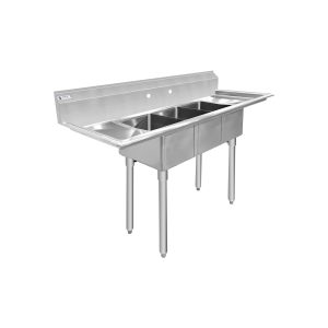 ChefAsst 54″ CA-S3C101410-12LR-418 18-Gauge 430 Stainless Steel Three Compartment Commercial Sink with Galvanized Legs, Cross Bracing, and Two 12″ Drainboards – 10″ x 14″ x 10″ Bowl