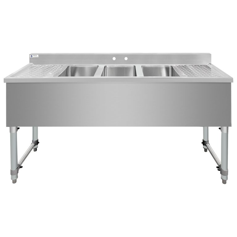 ChefAsst 60″ CA-BS101410-13LR-318 18-Gauge 304 Stainless Steel Three Bar Sink with Galvanized Legs, Cross Bracing, and Two 13″ Drainboards – 10″ x 14″ x 10″ Bowl