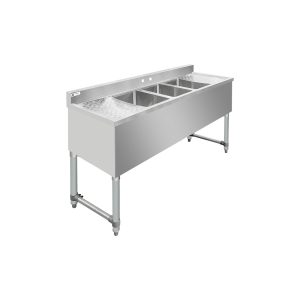 ChefAsst 60″ CA-BS101410-13LR-318 18-Gauge 304 Stainless Steel Three Bar Sink with Galvanized Legs, Cross Bracing, and Two 13″ Drainboards – 10″ x 14″ x 10″ Bowl