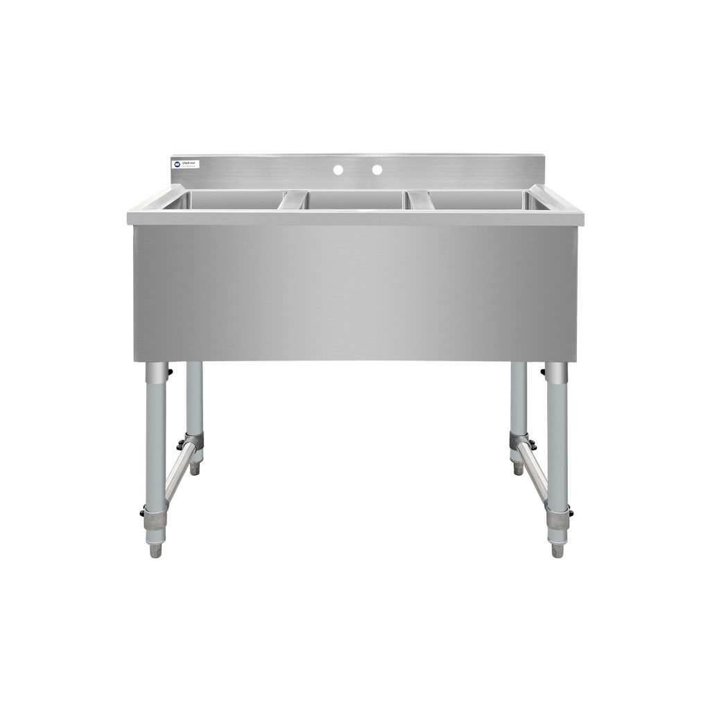 ChefAsst 38″ CA-BS101410-318 18-Gauge 304 Stainless Steel Three Bar Sink with Galvanized Legs and Cross Bracing – 10″ x 14″ x 10″ Bowl