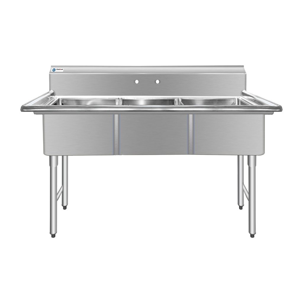 ChefAsst 61″ CA-S3C181812-316 16-Gauge Stainless Steel Three Compartment Commercial Sink with Stainless Steel Legs, Cross Bracing, and without Drainboards – 18″ x 18″ x 12″ Bowls