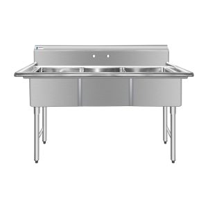 ChefAsst 61″ CA-S3C181812-316 16-Gauge Stainless Steel Three Compartment Commercial Sink with Stainless Steel Legs, Cross Bracing, and without Drainboards – 18″ x 18″ x 12″ Bowls